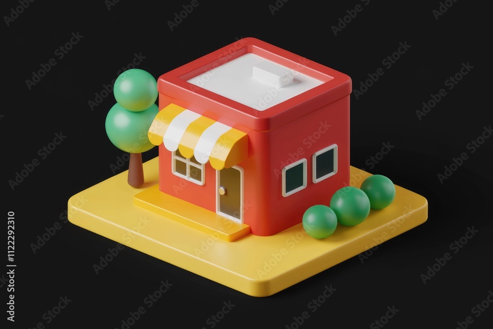 Poster a charming 3d rendering of a small red shop with a yellow awning, nestled amidst green trees.