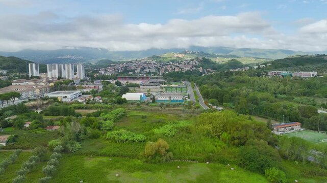  View from a drone over Road E45, Saracena, Cosenza, Calabria, Italy, Europe
