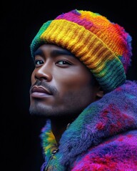 Africa American man wearing a colorful hat and jacket with a fur collar