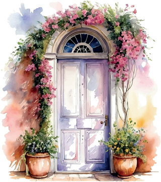 Cozy Home Entrance Door Decorated Flowers. Watercolor Painting. Vector Illustration.