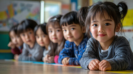 Obraz premium Engaged children smiling and presenting project in classroom setting