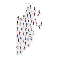 Belize population map. Large group of realistic a diverse crowd of people figures in a shape of Belizean map. Flat vector illustration isolated on white.