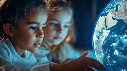 Naklejka premium Exploring space with technology, two kids fascinated by Earth