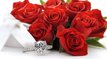 Diamond Ring Nestled Among Red Roses In A Gift Box