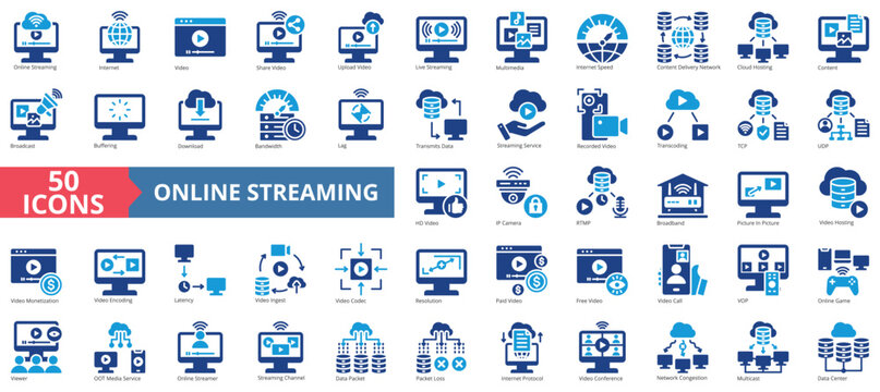 Online streaming icon collection set. Containing internet, video, multimedia, content, broadcast, bandwidth, hosting icon. Simple flat vector illustration.