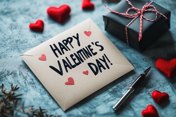 Valentine's Day Greeting Card. Paper with handwritten text Happy Valentine's Day!, pencil, gift box, envelope and red hearts