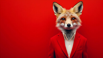 Stylish fox wearing a bright red blazer against a vibrant bright red background, ideal for bold branding, fashion marketing, and creative advertising concepts