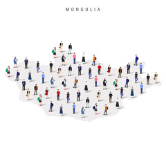 Mongolia population map. Large group of realistic a diverse crowd of people figures in a shape of Mongolian map. Flat vector illustration isolated on white.