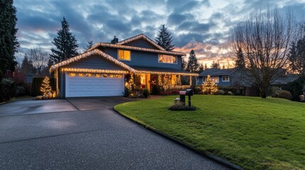 Obraz premium 60.Festive home exterior with white Christmas lights tracing the roofline and window frames, set against a green lawn and a long driveway, capturing the cozy charm of holiday decoration in a