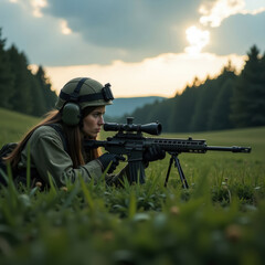 Fototapeta premium female sniper with sniper rifle lying on green grass