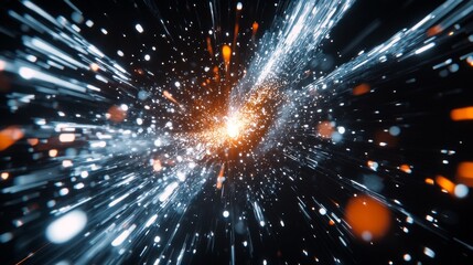 Fototapeta premium 77.Macro shot of a single sparkler in motion, emitting dazzling, sharp sparks that scatter in all directions, illuminating the dark background with a brilliant white and orange glow.