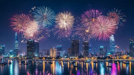 Obraz premium 86.Breathtaking view of Ho Chi Minh City skyline at night, fireworks illuminating the sky above the cityscape, with bright, colorful bursts reflecting over the Saigon River, celebrating New Yearâ€™s