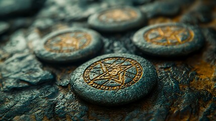 Fototapeta premium Mystical runes made of stone resting on a Viking-inspired decorative background