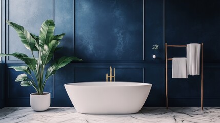 Fototapeta premium Modern bathroom, dark blue walls, freestanding tub.