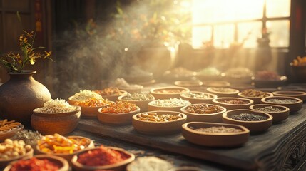 Fototapeta premium Colorful spices and herbs in clay bowls on a wooden table with warm sunlight streaming through a window.