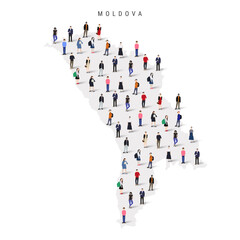 Moldova population map. Large group of realistic a diverse crowd of people figures in a shape of Moldavian map. Flat vector illustration isolated on white.