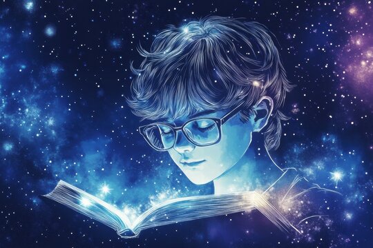 Exploring the universe of imaginationa young reader in a cosmic landscape illustration digital art ethereal environment close-up view