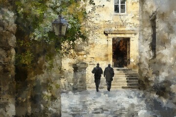 Two figures walking through a historic stone alleyway old town artwork vibrant environment artistic viewpoint timelessness