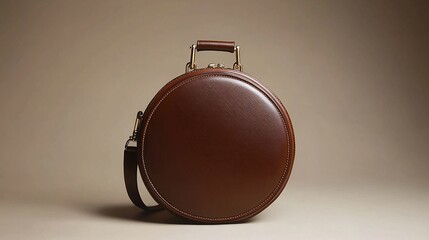 Round brown leather travel hat box with handle and strap.
