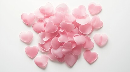 Fototapeta premium 54.Playful arrangement of pink heart confetti in vector format on a white backdrop, featuring a mix of large and small hearts with transparent layers, creating a sense of depth and festive motion for