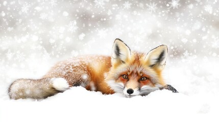 Obraz premium Red fox resting in snowy landscape. (2)