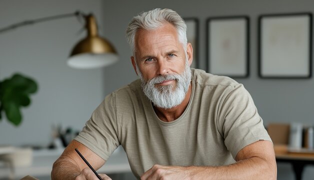 Creative senior artist works with a digital drawing tablet in an online workshop, showcasing artistic engagement in his home studio - Powered by Adobe