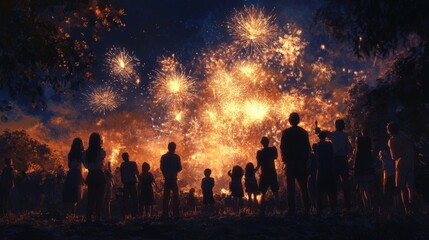 Fototapeta premium 21.Group of people gathered under a dark sky, watching fireworks in awe, with bright bursts illuminating their faces, capturing the excitement and wonder of a holiday celebration.