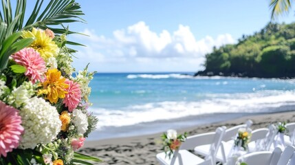 Fototapeta premium 83.A picturesque tropical wedding on the beach, with a floral arch featuring pink, yellow, and white blooms, white chairs aligned in the sand, ocean waves in the background, and vibrant green palm