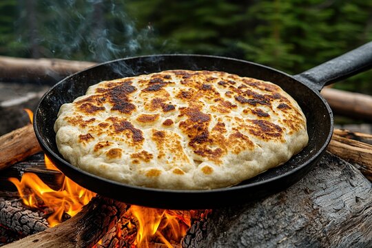 Traditional bannock bread baking over a stone fire pit in a forest camp celebrating indigenous heritage and culture with rustic textures and warm firelight