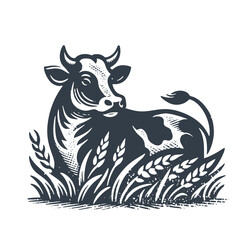 Cow Sitting in Grass. Vintage wood block print style vector illiustration.