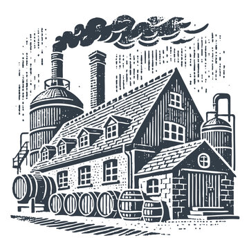 Brewery. Vintage wood block print style vector illiustration.
