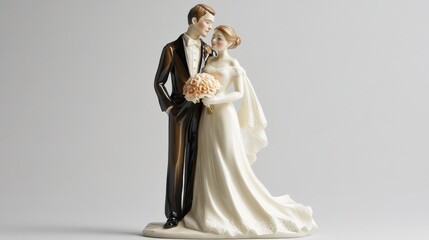 33.Romantic wedding figurines with refined details, featuring the bride holding a bouquet and the groom in formal attire, posed together to symbolize a joyous wedding moment.