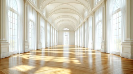 Sunlit grand hall with high ceilings, arched windows, and hardwood floors.
