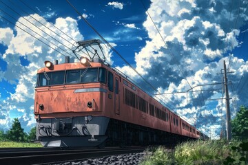Obraz premium An anime-style illustration of an old red train on the tracks.