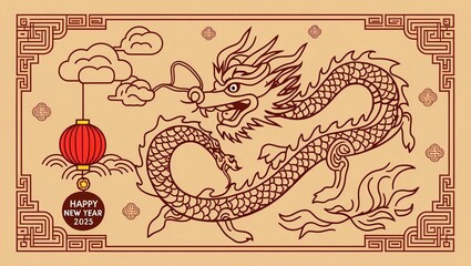  Chinese New Year Dragon Line Art Style Vector.
