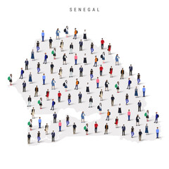 Senegal population map. Large group of realistic a diverse crowd of people figures in a shape of Senegalese map. Flat vector illustration isolated on white.