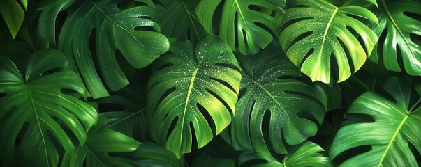 Fototapeta premium monstera leaves covered in dew, tropical forest flat design, top view, exotic greenery, animation style, Split-complementary Color Scheme