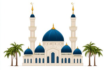 Obraz premium A flat illustration of the mosque domes and minarets, surrounded by palm trees, on a clean white canvas