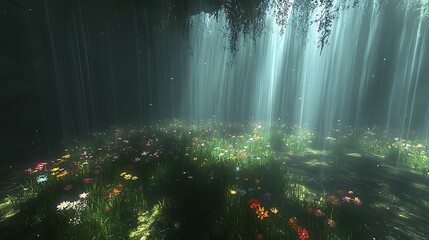 Sunbeams illuminate a vibrant, colorful wildflower meadow hidden within a dark, mysterious cave.