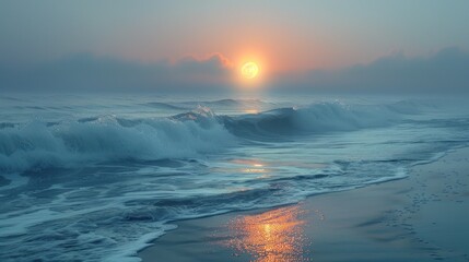 Fototapeta premium Misty sunrise over ocean waves on sandy beach. (1)