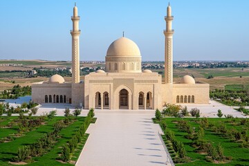 Obraz premium A high-angle view of the mosque showcasing the symmetry of its domes, minarets, and vast open courtyard