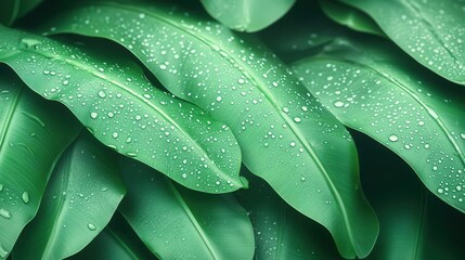 Obraz premium tropical banana leaves covered in water droplets, flat design, front view, exotic greenery, 3D render, Split-complementary Color Scheme