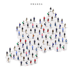 Rwanda population map. Large group of realistic a diverse crowd of people figures in a shape of Rwandan map. Flat vector illustration isolated on white.