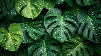Fototapeta premium tropical monstera leaves with fresh water droplets, rainforest flat design, top view, vibrant nature, water color, Complementary Color Scheme