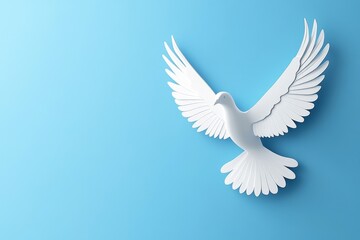 Obraz premium A minimalist depiction of a flying dove with wings spread wide, illustrated in white against a calm blue gradient