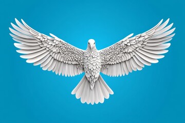 Fototapeta premium A minimalist depiction of a flying dove with wings spread wide, illustrated in white against a calm blue gradient
