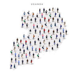 Uganda population map. Large group of realistic a diverse crowd of people figures in a shape of Ugandan map. Flat vector illustration isolated on white.
