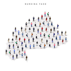 Burkina Faso population map. Large group of realistic a diverse crowd of people figures in a shape of Upper Volta map. Flat vector illustration isolated on white.