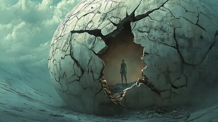 Silhouette of a person standing inside a large cracked sphere in a desolate landscape.