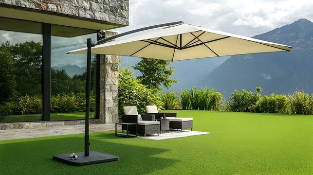 Modern cantilever patio umbrella with chairs on artificial grass lawn overlooking mountains. Perfect for relaxation and outdoor living.